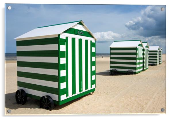 Green and White Beach Huts on Wheels Acrylic by Arterra 