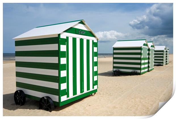 Green and White Beach Huts on Wheels Print by Arterra 