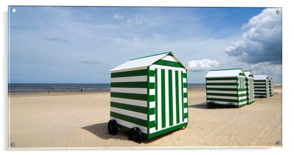 Green and White Beach Huts on Wheels Acrylic by Arterra 