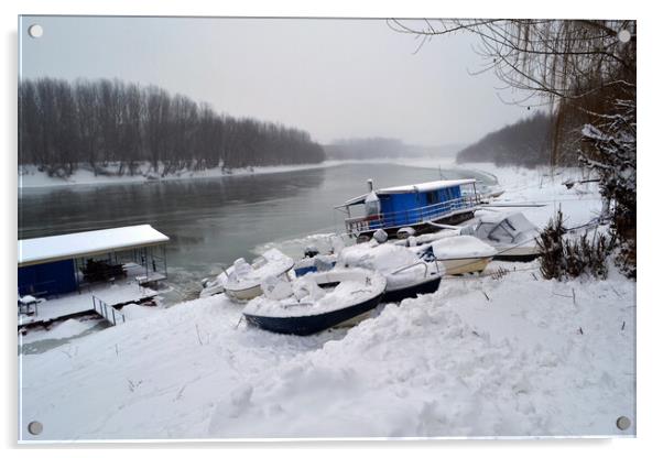 Boats under the snow on the river Borcea  Acrylic by liviu iordache