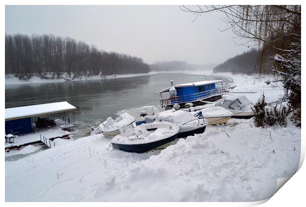 Boats under the snow on the river Borcea  Print by liviu iordache