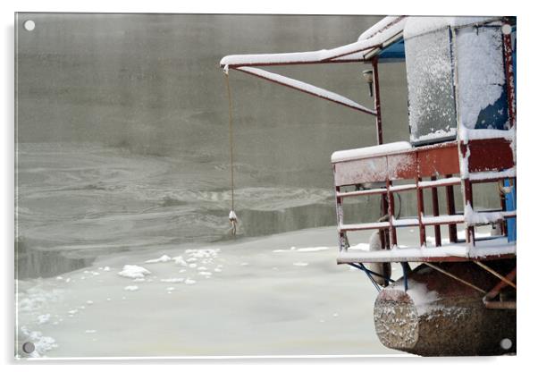 Pontoon frozen on the river Borcea Acrylic by liviu iordache