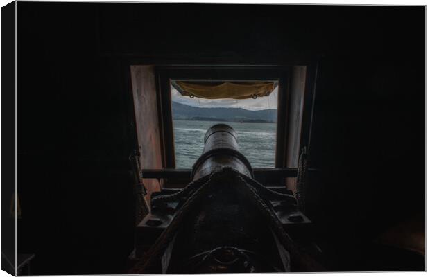 cannon inside a Spanish galleon aiming at enemies Canvas Print by David Galindo