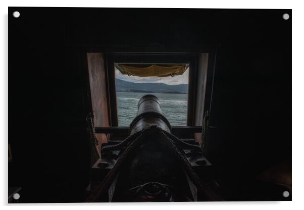 cannon inside a Spanish galleon aiming at enemies Acrylic by David Galindo
