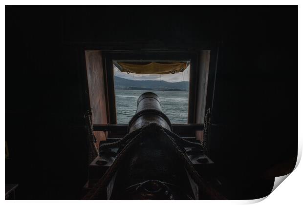 cannon inside a Spanish galleon aiming at enemies Print by David Galindo