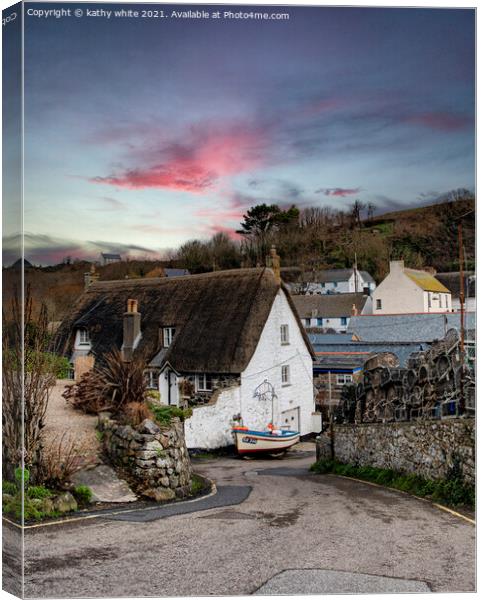 Cadgwith Cove,  cornwall, Boat and cottage, Cornwa Canvas Print by kathy white