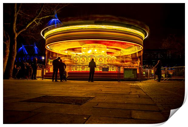 London Carousel At Night Print by Oxon Images