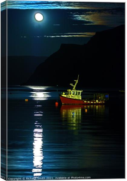 A rising Snow Moon reflected in Loch Portree. Canvas Print by Richard Smith