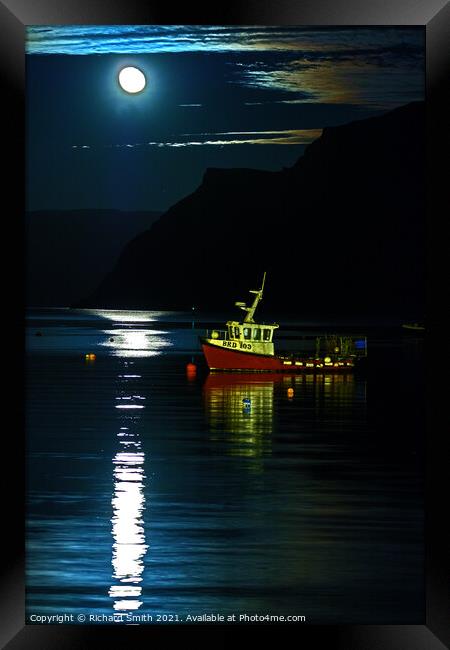 A rising Snow Moon reflected in Loch Portree. Framed Print by Richard Smith
