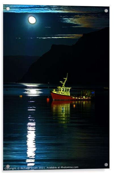 A rising Snow Moon reflected in Loch Portree. Acrylic by Richard Smith