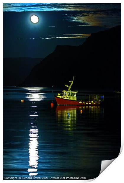 A rising Snow Moon reflected in Loch Portree. Print by Richard Smith