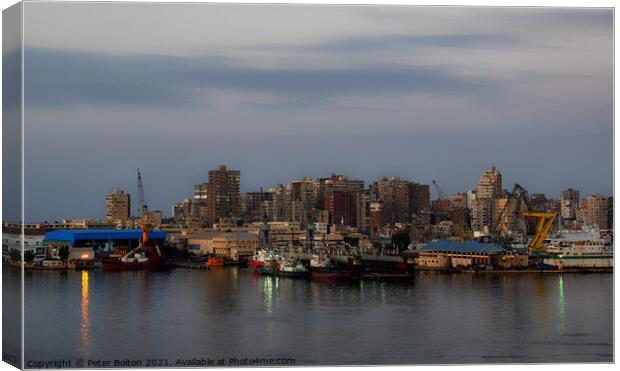 Evening harbour, waterfront, Alexandria, Egypt Canvas Print by Peter Bolton