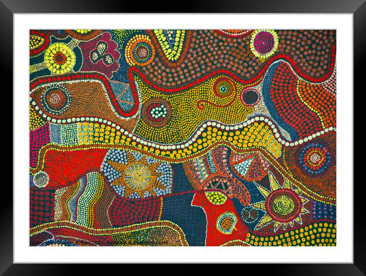 Traditional Aboriginal artwork on fabric. Framed Mounted Print by Peter Bolton