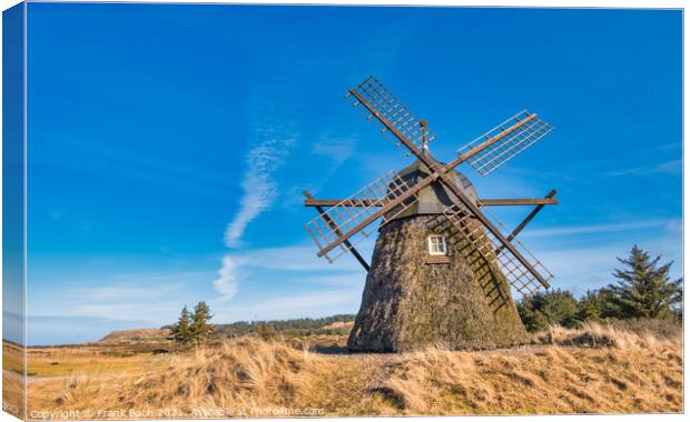 Lygnmoellen, wind mill Thacted with Heather in Western Denmark Canvas Print by Frank Bach