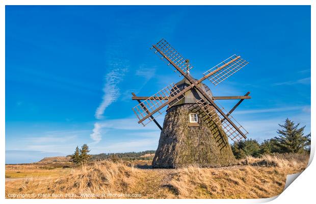 Lygnmoellen, wind mill Thacted with Heather in Western Denmark Print by Frank Bach