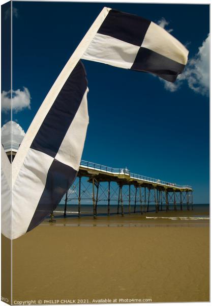Saltburn pier and flag 358  Canvas Print by PHILIP CHALK