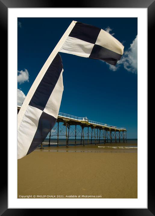 Saltburn pier and flag 358  Framed Mounted Print by PHILIP CHALK
