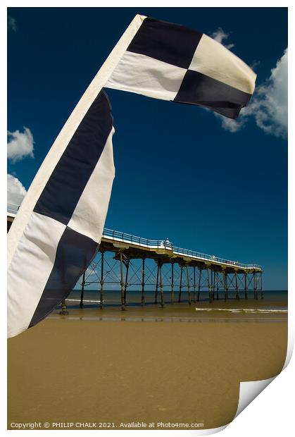 Saltburn pier and flag 358  Print by PHILIP CHALK