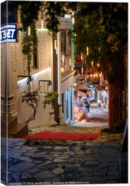 Backstreet Kalkan by night, Turkey. Canvas Print by Chris North