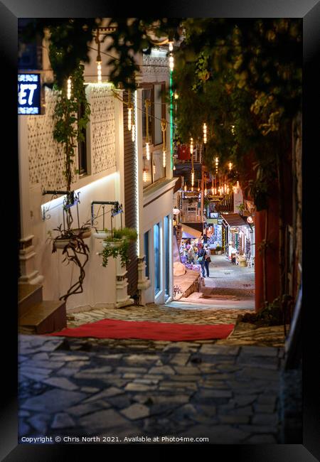 Backstreet Kalkan by night, Turkey. Framed Print by Chris North