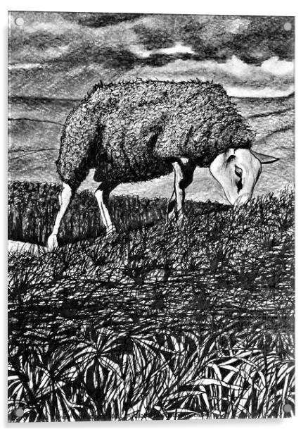 Texal Sheep In A Storm. Black & White Acrylic by Trevor Whetstone