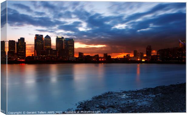 Summer twilight over Canary Wharf from Greenwich Peninsula, London, England, UK Canvas Print by Geraint Tellem ARPS