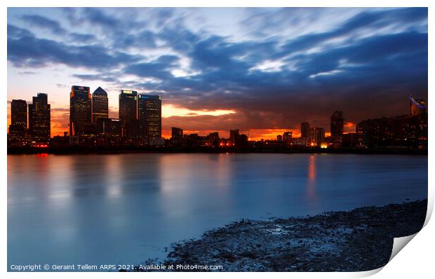 Summer twilight over Canary Wharf from Greenwich Peninsula, London, England, UK Print by Geraint Tellem ARPS