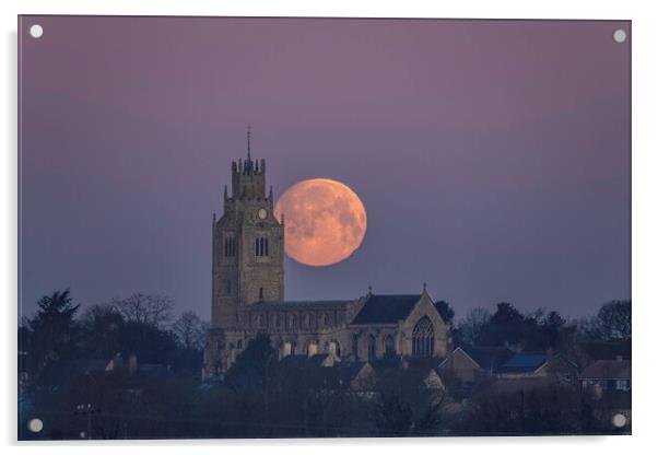 Snow Moon (or Hunger Moon) setting behind St Andre Acrylic by Andrew Sharpe