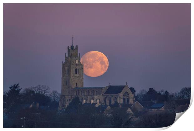 Snow Moon (or Hunger Moon) setting behind St Andre Print by Andrew Sharpe