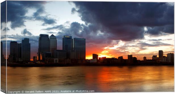 Midsummer sunset over Canary Wharf from Greenwich Peninsula, London, England, UK Canvas Print by Geraint Tellem ARPS
