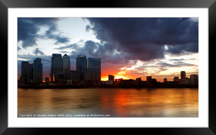 Midsummer sunset over Canary Wharf from Greenwich Peninsula, London, England, UK Framed Mounted Print by Geraint Tellem ARPS
