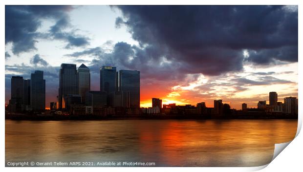 Midsummer sunset over Canary Wharf from Greenwich Peninsula, London, England, UK Print by Geraint Tellem ARPS