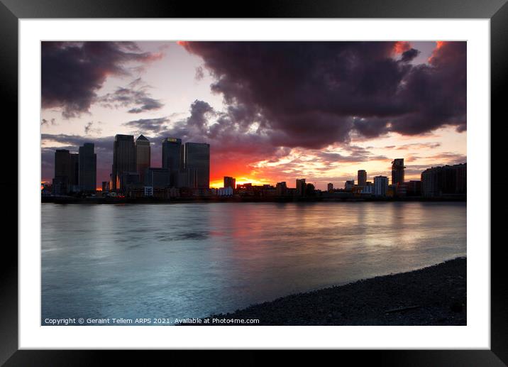 Midsummer sunset over Canary Wharf and River Thames from Greenwich Peninsula, London, England, UK Framed Mounted Print by Geraint Tellem ARPS
