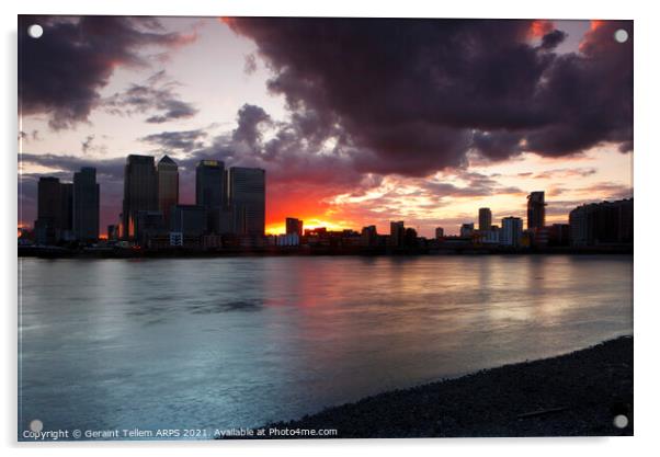 Midsummer sunset over Canary Wharf and River Thames from Greenwich Peninsula, London, England, UK Acrylic by Geraint Tellem ARPS