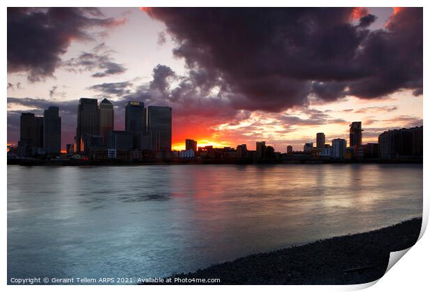 Midsummer sunset over Canary Wharf and River Thames from Greenwich Peninsula, London, England, UK Print by Geraint Tellem ARPS