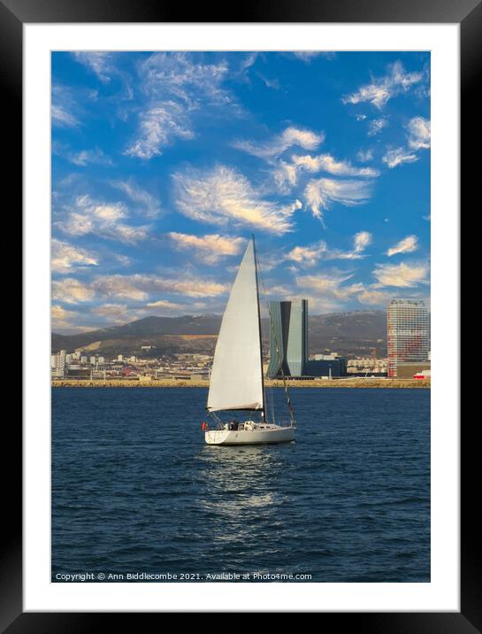 lone sailing boat on the coast of Marseille   Framed Mounted Print by Ann Biddlecombe