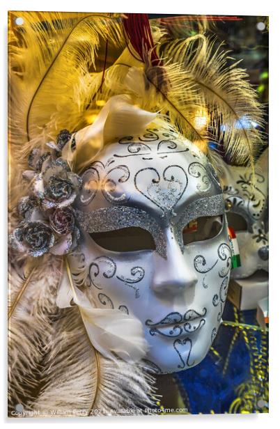 White Venetian Mask Feathers Venice Italy Acrylic by William Perry
