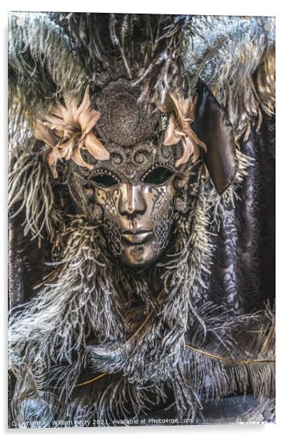 Silver Venetian Mask Feathers Venice Italy Acrylic by William Perry
