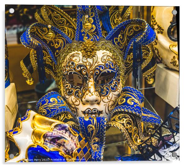 Blue Golden Venetian Mask Feathers Venice Italy Acrylic by William Perry