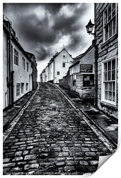 Whitby's Cobbled Streets and Fortune's Kipper House Print by Inca Kala