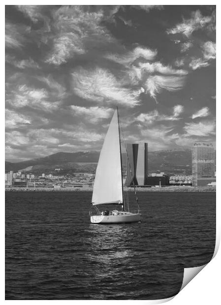 lone sailing boat on the coast of Marseille in mon Print by Ann Biddlecombe