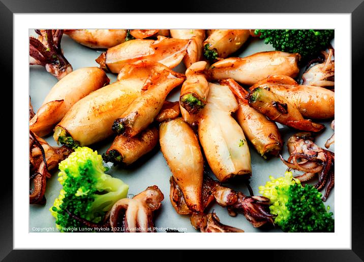 Grilled squids in plate Framed Mounted Print by Mykola Lunov Mykola