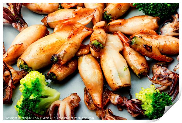 Grilled squids in plate Print by Mykola Lunov Mykola