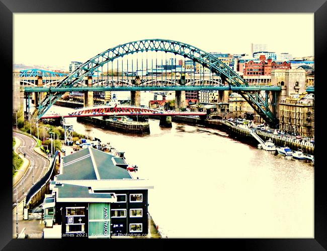 Port of Tyne Bridges and River in sort of sepia Framed Print by Sheila Eames