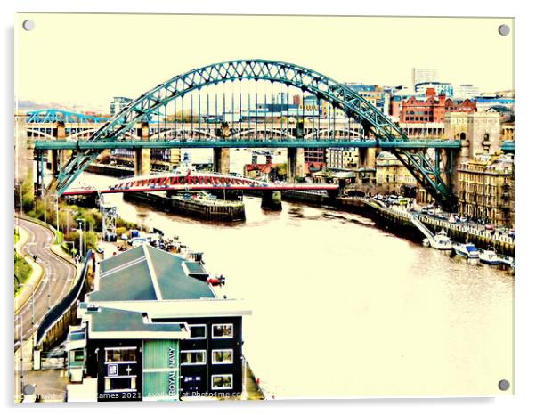 Port of Tyne Bridges and River in sort of sepia Acrylic by Sheila Eames