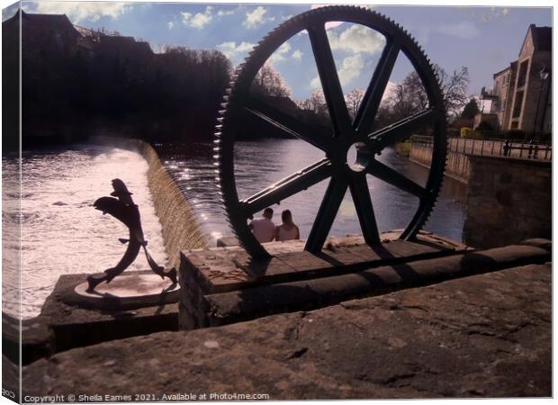Salmon Leap and Mill Wheel by Wetherby Bridge Canvas Print by Sheila Eames