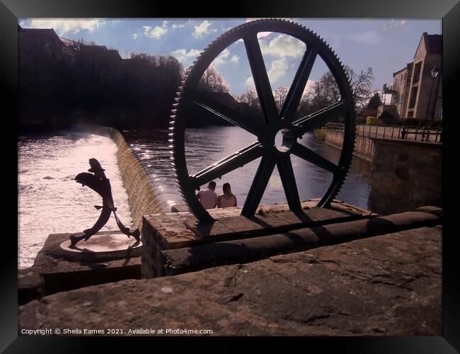 Salmon Leap and Mill Wheel by Wetherby Bridge Framed Print by Sheila Eames
