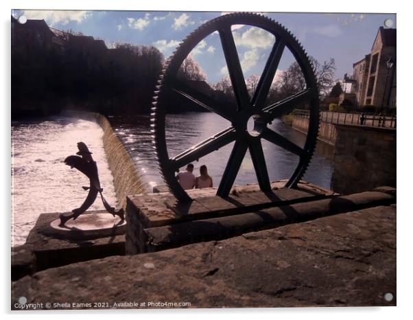Salmon Leap and Mill Wheel by Wetherby Bridge Acrylic by Sheila Eames