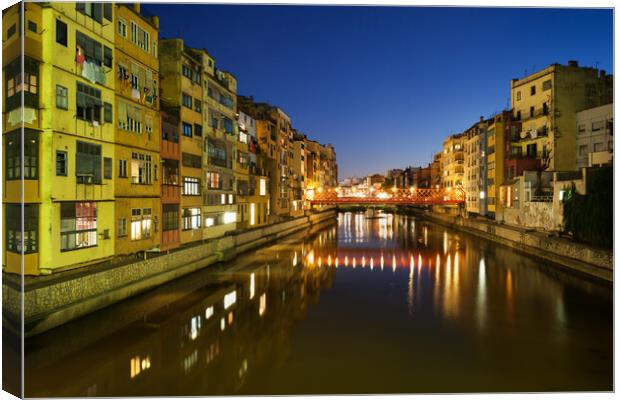 Waterside Houses in City of Girona at Night Canvas Print by Artur Bogacki