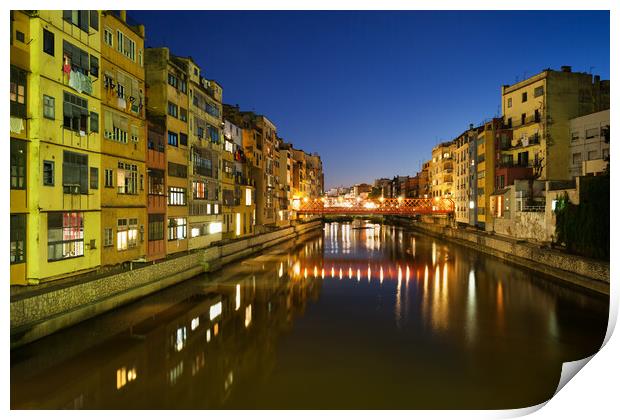 Waterside Houses in City of Girona at Night Print by Artur Bogacki